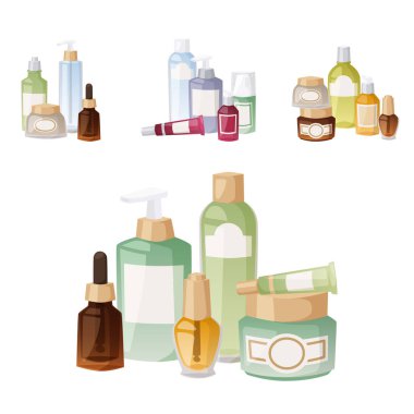 Kozmetik losyon makyaj güzellik plastik sıvı krem konteyner sıvı paketi şişe illüstrasyon vektör.