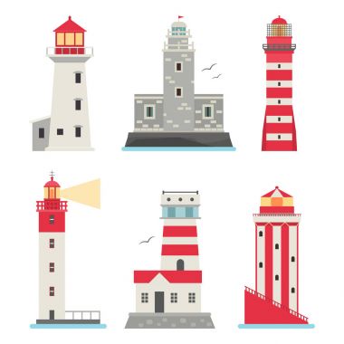 Fenerler düz Projektör Direkleri için deniz navigasyon rehberlik okyanus feneri ışık Emanet güvenlik sembolü illüstrasyon vektör.