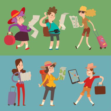 Doğru yönde arama Gezgin insanlar özgürlük ve etkin karakter yaşam tarzı konsept illüstrasyon seyahat vektör harita.
