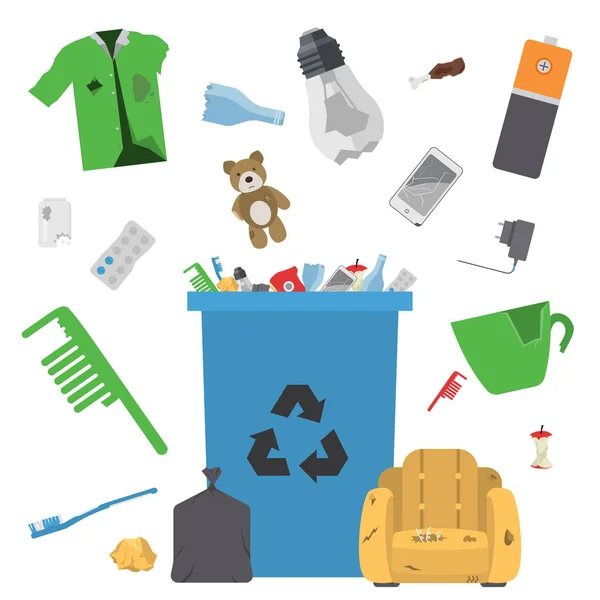 Recycling van afval vector Prullenmand tassen banden beheer ecologie industrie afval gebruiken concept afval sorteren van illustratie. — Stockvector