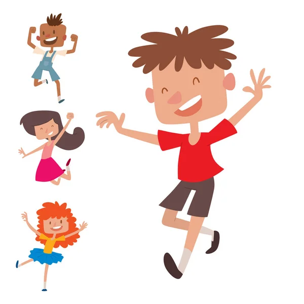 Šťastné děti v různých polohách velké vektorové skákání veselého podřízené skupiny a vtipné kreslené děti radostné týmu smát malé postavy lidí. — Stockový vektor