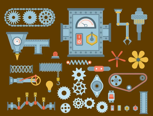 Piese de mașini diferite mecanism vector de fabricație mecanică detalii de lucru proiectare echipamente industria tehnică de prelucrare a motoarelor ilustrare . — Vector de stoc