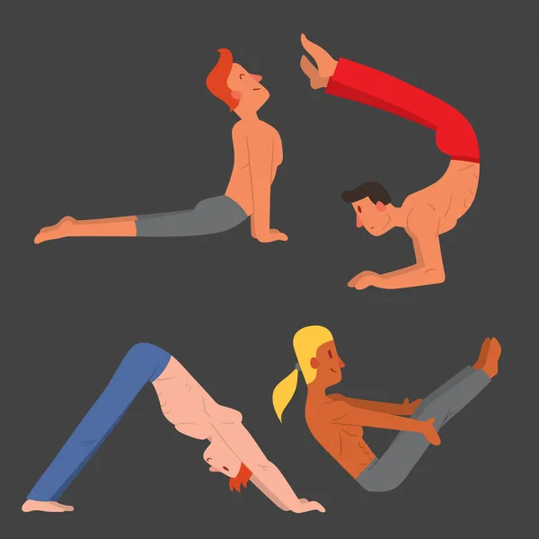 Yoga positioner mans tecken klass vektor illustration meditation manliga koncentration humana fred sport livsstil hälsa avslappningsövning. — Stock vektor