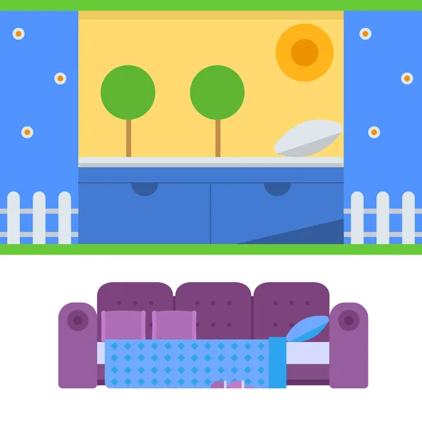 Sovande möbler vektor design sovrum exklusiv säng inre rum bekväma hem avkoppling Lägenhet inredning illustration natt sängkläder sömn hängmatta. — Stock vektor