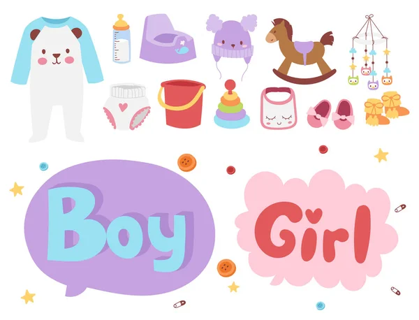 Baby toys icons cartoon family kid toyshop design cute boy and girl childhood art diaper drawing graphic love rattle fun vector illustration. — Stock Vector