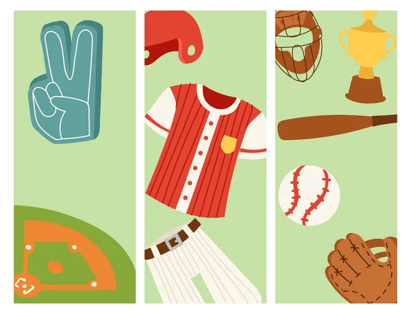Baseball sport competizione gioco squadra banner softball giocare cartoni animati icone progettazione attrezzature sportive vettoriale illustrazione — Vettoriale Stock