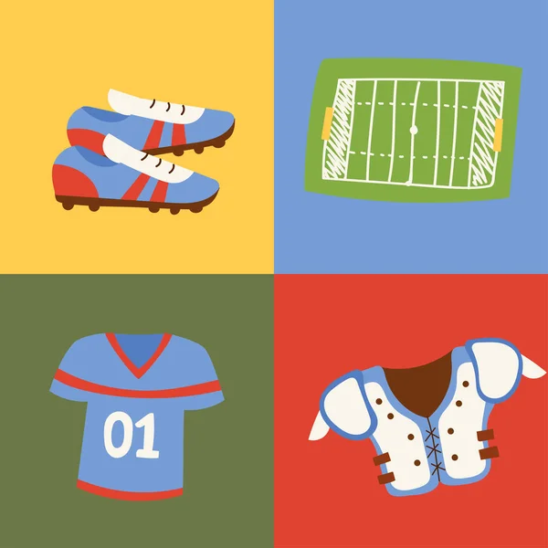 Jugador de fútbol americano deporte de acción atleta uniforme accesorio deportivo éxito jugando herramientas vector ilustración — Vector de stock