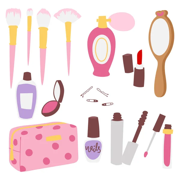 Flicka mode tillbehör casual kvinna stil shopping artiklar och vackra kosmetisk eller makeup tools vektor illustration. — Stock vektor