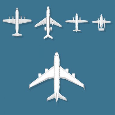 Uçak vektör çizim üstten görünüm uçak ve uçak ulaşım seyahat şekilde tasarım yolculuk nesnesi.
