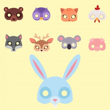 Hayvanlar karnaval maskesi vektör festival dekorasyon maskeli balo ve parti kostüm sevimli çizgi baş dekor kutlama çizim.