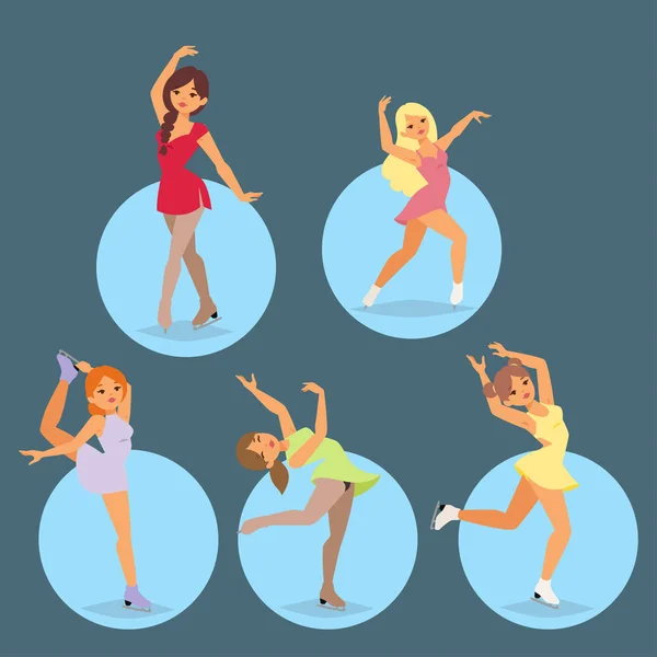 Figura patinador de hielo vector de dibujos animados truco figura mujeres belleza deporte niñas haciendo ejercicio y trucos saltar patinador de hielo personajes bailarina figurista patines niñas rendimiento ilustración — Archivo Imágenes Vectoriales