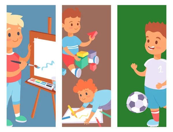 Vektor banner különböző otthoni játékok, kis gyerekek játszó gyerekek játszani nyári szabadtéri aktív szabadidős gyermekkori tevékenység. — Stock Vector