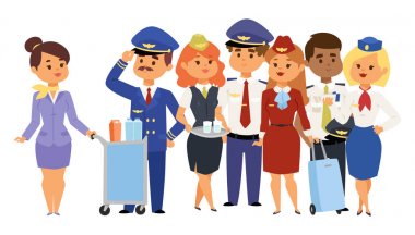 İnsanlar komut pilot ve hostes vektör çizim havayolu karakter uçak personeli personel hava hostes uçuş görevlileri.