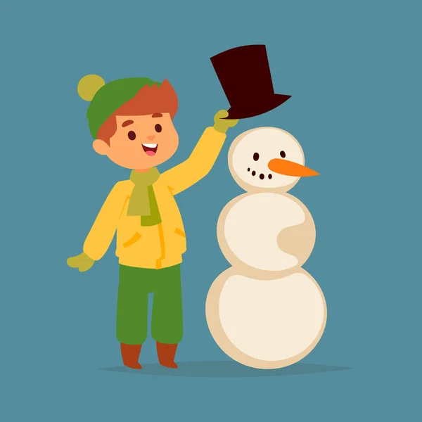 Рождественские мальчик векторный персонаж играет зимние игры зимние детские праздники Рождество снеговик мультфильм Новый год Xmas kid — стоковый вектор
