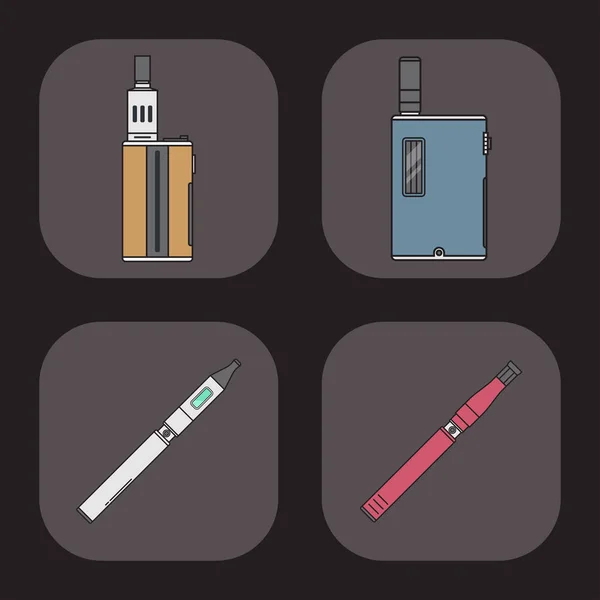 Vape dispositivo vector cigarrillo vaporizador vapor jugo vapor botella sabor ilustración batería bobina electrónica nicotina líquido fumar atomizador dispositivo e-líquido . — Archivo Imágenes Vectoriales