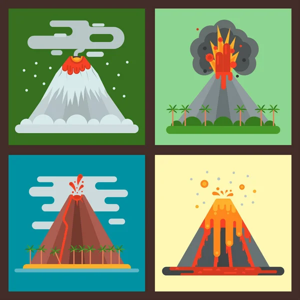 Volcán magma vector naturaleza soplando con humo cráter volcánico montaña caliente erupción natural terremoto ilustración . — Archivo Imágenes Vectoriales