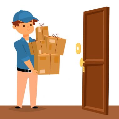 Teslimat adam çocuk vektör hizmet işçi ve istemciler kuryeler adam karakter teslim belgeleri illüstrasyon kutuları tutarak paketler getiren postacı alışveriş. Postacı çalışan erkek taşıma
