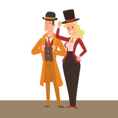 Vintage Victoria karikatür beyler retro insanlar vektör. Antika yüzyıl karakter Victoria gent insanlar vintage vahşi batı erkek ve kadın tarzı giyim tarzı moda eski insanlar Victoria beyefendi