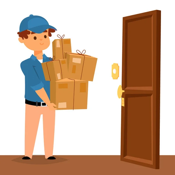 配信男少年ベクトル サービス労働者およびクライアント宅配を男の文字を提供する店の郵便配達さ保持ボックス ドキュメント イラスト パッケージをもたらします。郵便労働者男性搬送 — ストックベクタ