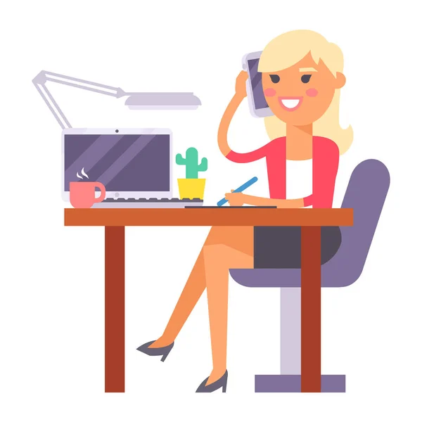 Векторні плоскі люди працюють місце бізнесмен працівник людина працює на ноутбуці за столом в офісі колега бізнес-леді і бізнесмен персонаж робоче місце комп'ютерна ілюстрація — стоковий вектор