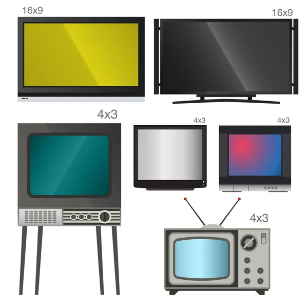 Τηλεόραση διάνυσμα οθόνη lcd οθόνη και notebook, tablet, το ρετρό πρότυπα. Infographic οθόνες Tv ηλεκτρονικές συσκευές. Τεχνολογία ψηφιακής συσκευής-οθόνες τηλεόρασης, μέγεθος διαγωνίου οθόνης εικονογράφηση διάνυσμα — Διανυσματικό Αρχείο