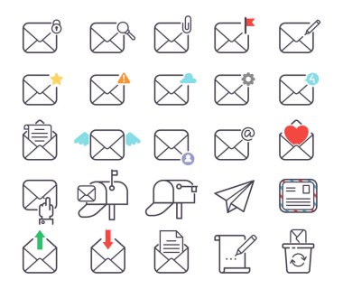 İleti illüstrasyon yazma e-posta mektup vektör simgeler kümesi zarf kapak iletişim yazışma boş adres anahat posta kutusu tasarım kağıt boş oyun kağıdı. E-posta kavramı