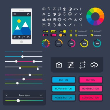 Kullanıcı arabirimi vektör telefon laptop sekmesi aygıt hareket eden app göstergeleri ilerleme UI-ux web arabirimi tasarım şablon dosyasını karşıya yükleme illüstrasyon indirmek. Arabirim öğeleri