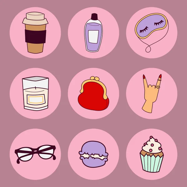 Fille accessoires de mode casual femme style articles de shopping et de beaux outils cosmétiques ou de maquillage illustration vectorielle . — Image vectorielle