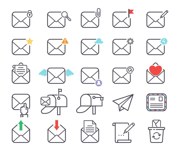 İleti illüstrasyon yazma e-posta mektup vektör simgeler kümesi zarf kapak iletişim yazışma boş adres anahat posta kutusu tasarım kağıt boş oyun kağıdı. E-posta kavramı — Stok Vektör