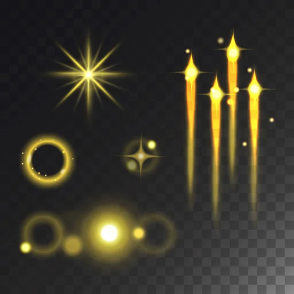 Illuminazione vettoriale effetto luci e stelle effetto bagliore sfocatura stelle incandescente isolato su sfondo scuro trasparente illustrazione — Vettoriale Stock