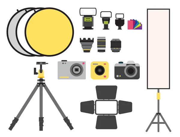 Kameran foto vektor studio ikoner optiska linser typer objektiva retro fotografi utrustning professionell fotograf ser illustration — Stock vektor