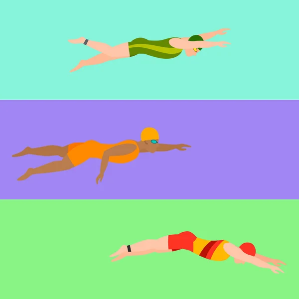 Natação vetor pessoas estilo esquema diferente nadadores homem e mulher na piscina esporte pose pessoas exercício ilustração — Vetor de Stock