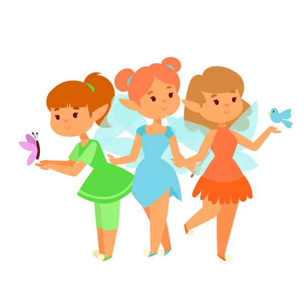 Fairies fairy princess meisje vector schattig prachtige tekenstijl cartoon klein sprookjesland mode kostuum magische fantasie jurk sprookjesachtige kroon kind. — Stockvector