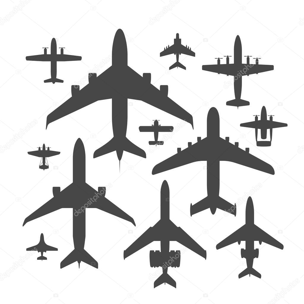 Airplane silhouette vector illustration top view plane and aircraft transportation travel way design journey object.