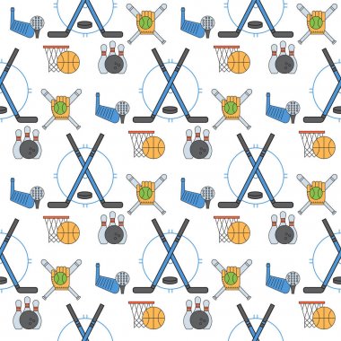 Düz tasarım çizgi piktogram fitness sembolü oyun kupa Yarışması halter etkinlik vektör çizim arka planda spor simgeleri Dikişsiz desen.