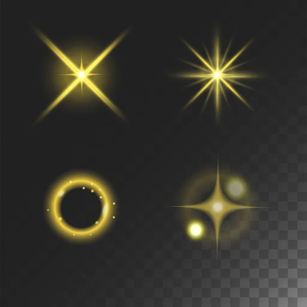 Zářící vektor světla efekt a efekt záře rozostření hvězdy zářící hvězdy izolované na tmavé průhledné pozadí obrázku — Stockový vektor