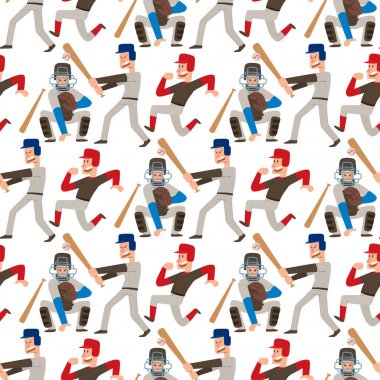 Beyzbol takım oyuncusu vektör spor adam üniforma oyunda pozlar durum profesyonel lig sportif karakter kazanan Dikişsiz desen arka plan illüstrasyon.