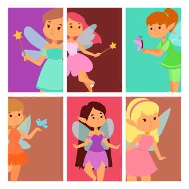 Peri Prenses kartları peri kız vektör karakter sevimli güzel tarzı çizgi film küçük fairyland moda kostüm sihirli fantezi elbise fairytale taç çocuk.