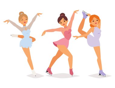 Buz patenci vektör çizgi film hüner şekil kadın güzellik spor kızlar egzersiz ve buz patencisi karakter dansçı figurist patenleri kızlar performans illüstrasyon atlama hile yapıyor