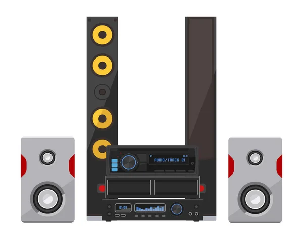 Sistema de som acústico estéreo plana vetor música alto-falantes jogador subwoofer tecnologia de equipamentos . —  Vetores de Stock
