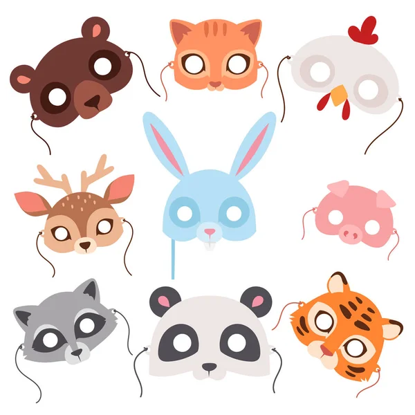 Animals carnival mask vector festival decoration masquerade and party costume cute cartoon head decor celebration illustration. — Stock Vector