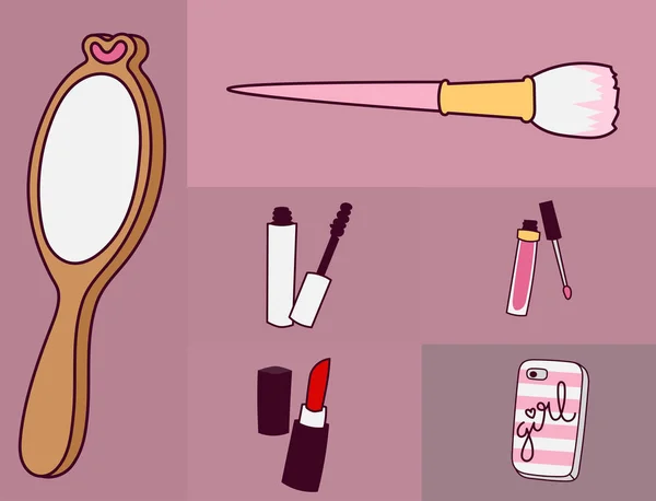 Dívka módní doplňky příležitostné žena styl nákupní položky a krásné kosmetické nebo make-up nástroje vektorové ilustrace. — Stockový vektor