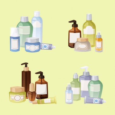 Kozmetik losyon makyaj güzellik plastik sıvı krem konteyner sıvı paketi şişe illüstrasyon vektör.