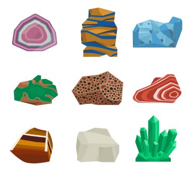 Yarı değerli taşlar taş ve mineral taş izole zar renkli parlak kristal mineral mücevher illüstrasyon vektör.