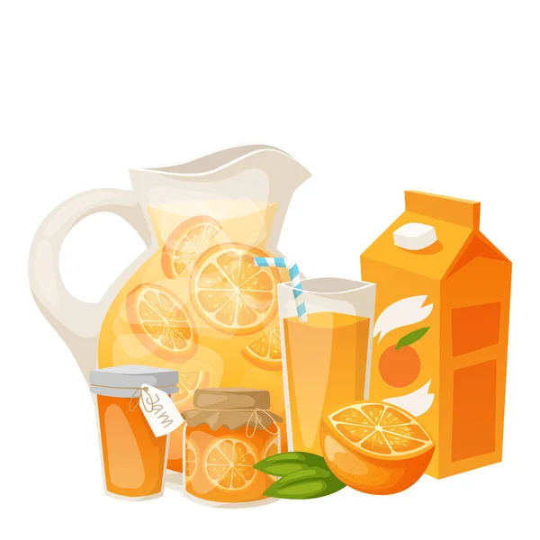 Naranjas y productos de naranja vector ilustración cítricos naturales vector jugoso postre tropical belleza jugo orgánico comida saludable . — Archivo Imágenes Vectoriales