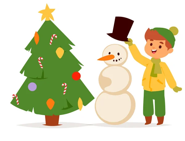 Navidad niños vector personaje jugando juegos de invierno invierno niños vacaciones árbol de Navidad dibujos animados año nuevo niño de Navidad — Vector de stock