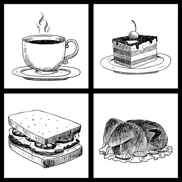 Alimenti schizzo vettore menu naturale ristorante fresco disegnato a mano prodotto e cucina doodle pasto cucina abbozzato illustrazione biologica . — Vettoriale Stock