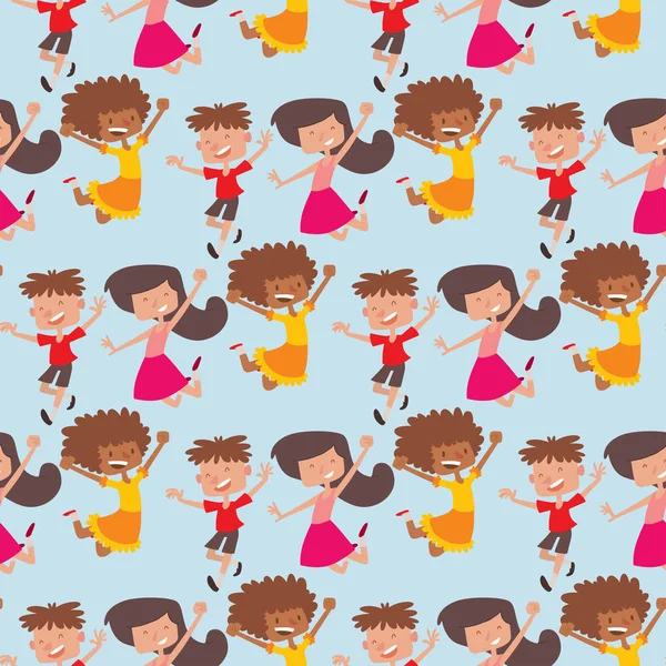 Niños felices en diferentes posiciones gran vector saltando alegre niño divertido dibujos animados niños alegre equipo riendo poca gente personajes sin costuras patrón de fondo . — Vector de stock