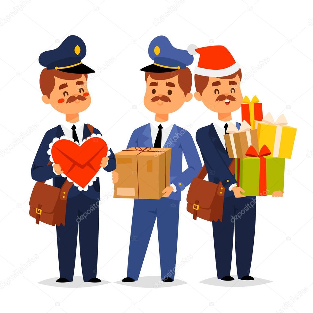 Postman delivery man character vector courier occupation carrier package mail shipping deliver professional people with envelope.