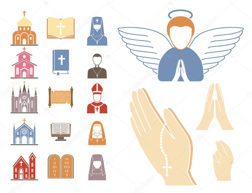 Christianity religion vector religionism flat illustration of traditional holy sign silhouette praying religionary christian faith religionist priest church traditional culture symbol.